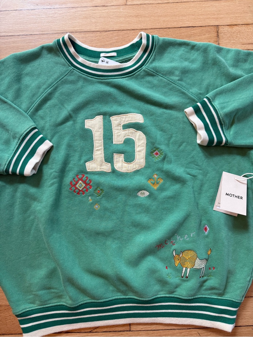 MOTHER The BIG Sport Sweatshirt-Mother Fifteenth Green Embroidered Size M NWT